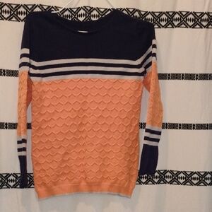 Navy and Peach Striped Women's Sweater